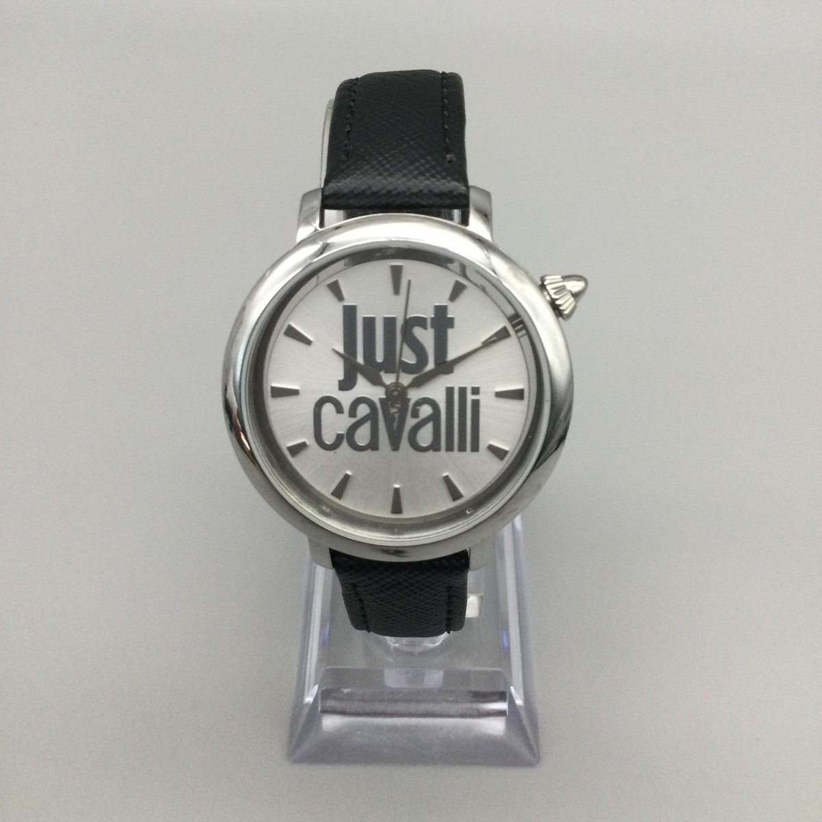Just Cavalli Women Watch 34mm Silver Tone Black Leather Band Logo