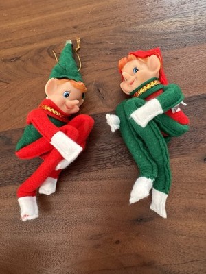 2 Vintage Christmas Knee Hugger Pixie Elf Rubber Face Pose-able 22  Extended