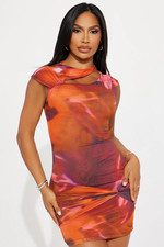 Amy Mesh Mini Dress Colorway: Rust/Combo (Abstract Print) Fit: Bodycon