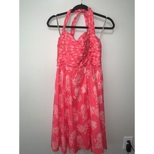Tommy Bahama Pink Pineapple Print Halter Dress Coral Tropical Ruched Sun Dress 8