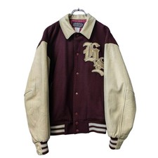 90s Vintage Cowhide Baseball Stadium Jacket Embroidery Leather Collar Used Japa