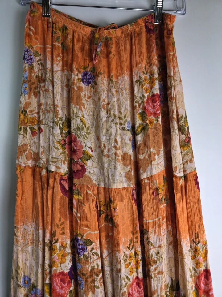 Dressbarn макси юбка размер M ярусный длинный оранжевый мульти цветочный богемное - Изображение 3 из 4