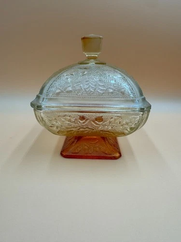 Vintage Jeannette Glass amberina candy dish with lid