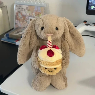 Jellycat 31cm Shy Bonnie Rabbit Plush Doll Holding Birthday Cake Cute Gift