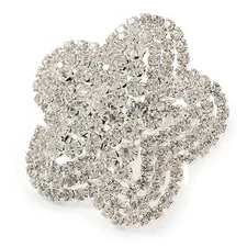 Statement Diamante Flower Cocktail Ring In Silver Tone - Size 7/8 Adjustable
