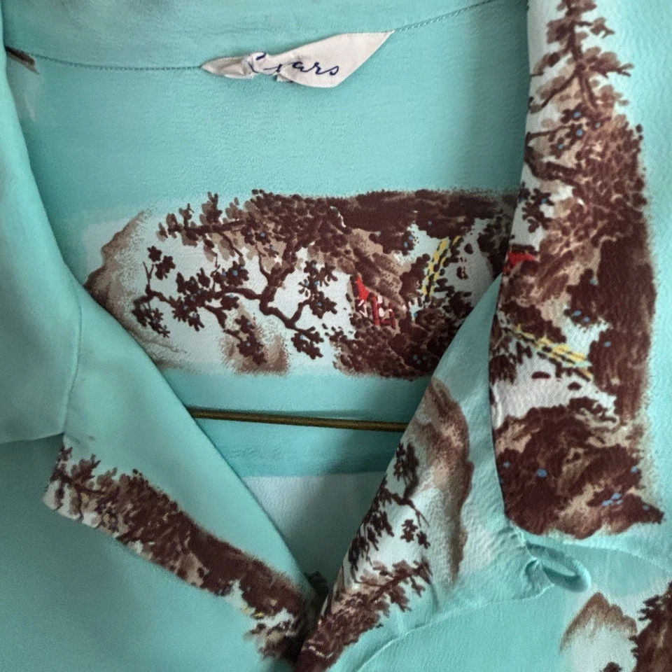 Vintage 1940s Japan Rayon Aloha Hawaiian Scenic Shirt Asian Loop Collar XL - Image 2 of 4