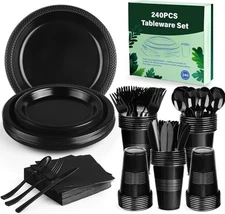 Black Disposable Dinnerware Set 240pcs for 30 Guests Party Wedding