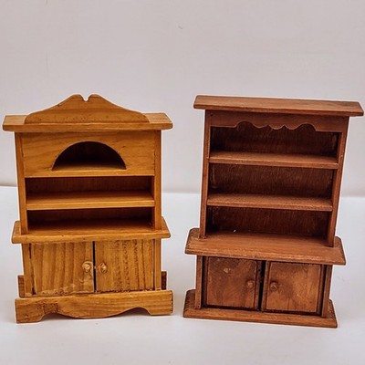 Two Wooden China Hutches Pantry Cottagecore Rustic Storage Display Brown Vintage