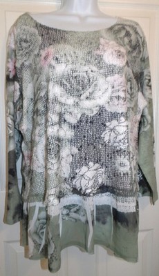 Excellent 2-Fabric Green/Black Print ALI MILES  Long Sleeve Tunic - 1X