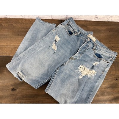 Free People Ella Distressed Boyfriend Jeans Blue Button Fly 31 Indie Boho Chic
