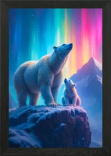 Polar Bears Under Aurora Borealis Framed Wall Art Poster Canvas Print Picture