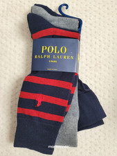 NWT Polo Ralph Lauren 3 Pairs Pack Dress Casual Socks Pony Striped Red Grey Blue