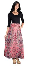 ¾ Sleeve Black Paisley Two Toned Self Tie Waist Belt Maxi Dress (Medium, Pink)