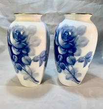 Matched Pair Antique Okura Blue Rose Porcelain Vases. Early 20th Century 9”