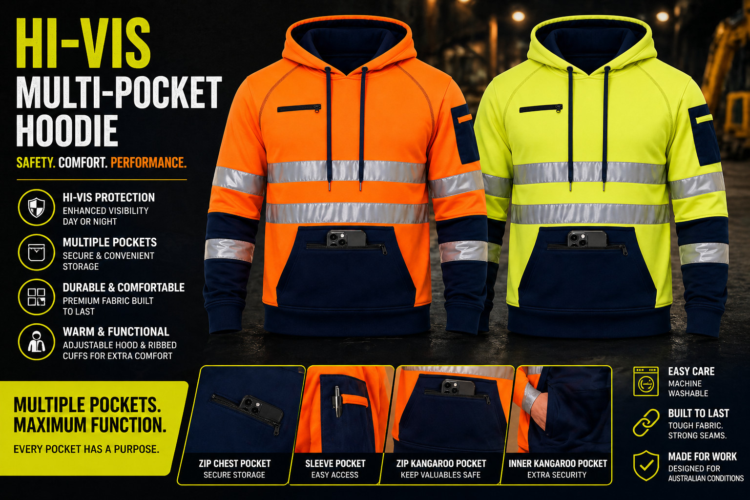 Giacca da lavoro Hi Vis con cappuccio e tasche