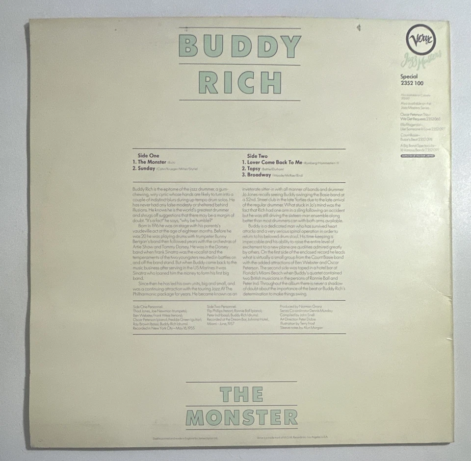 Buddy Rich - The Monster - 12" LP Verve Special Vinyl Record EX / VG+ - Изображение 3 из 4