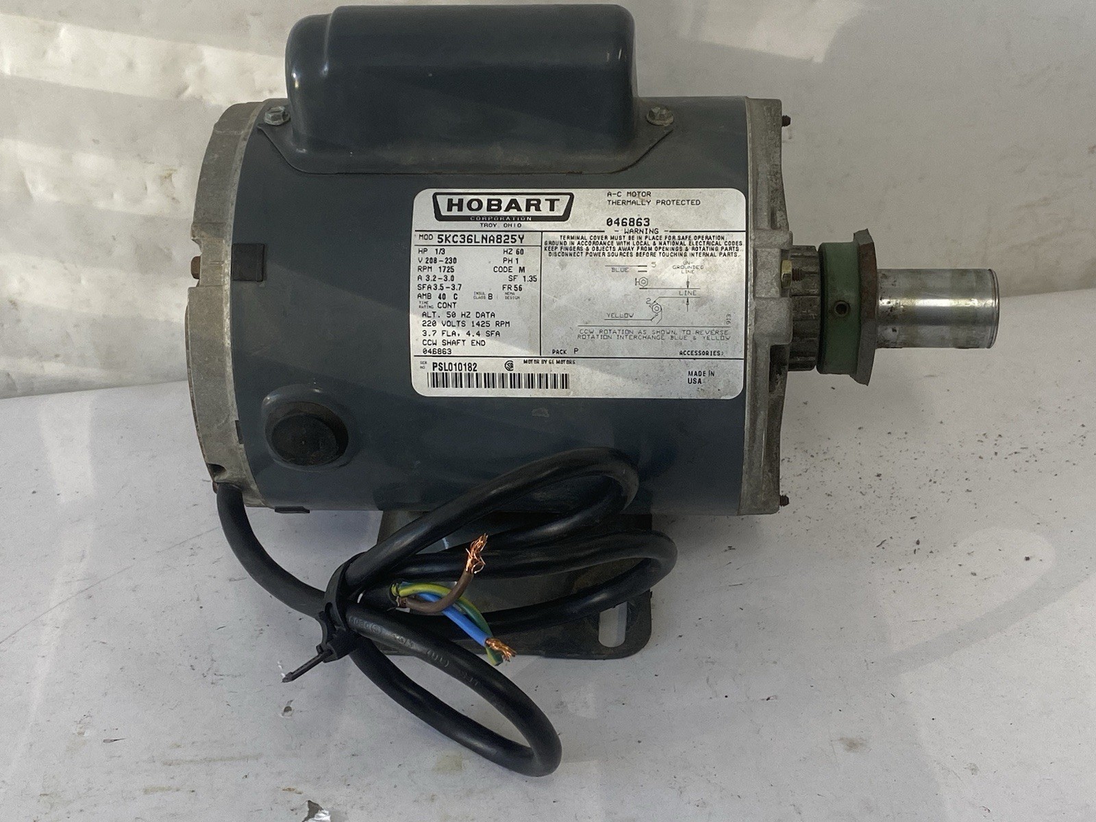 Hobart 5KC36LNA825Y A/C Motor 1725RPM 208-230V 1Ph 1/3 HP FRAME 56