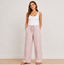 Ladies Trousers Linen Mix Womens Stripe Summer Holiday Elastic Waist Beach NEW