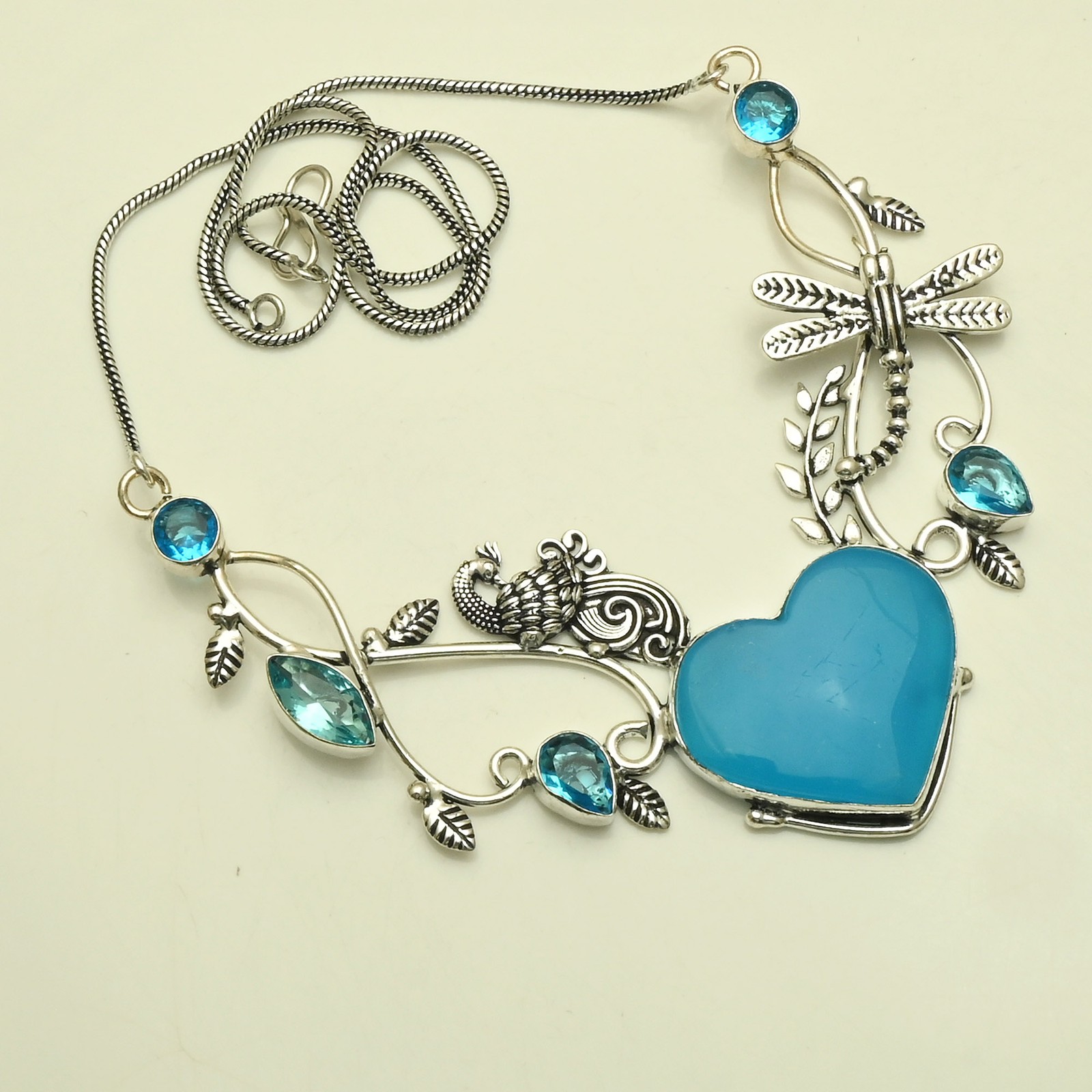 Blue Chalcedony Blue Topaz Gemstone Ethnic Necklace Jewelry 33 Gms AN 36314