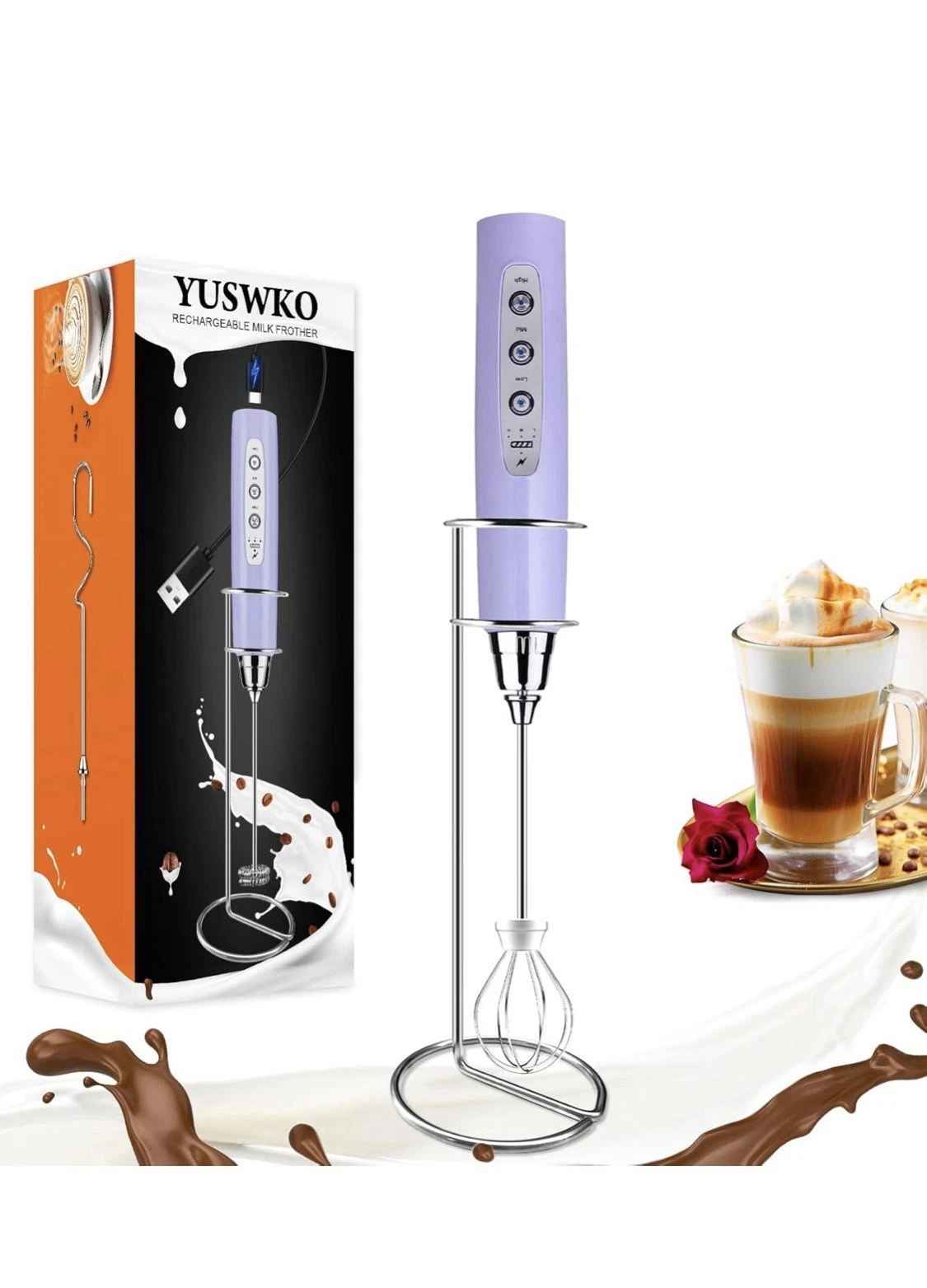 YUSWKO Light Purple Rechargeable Milk Frother for Coffee with Stand NEW