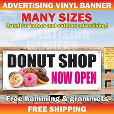 DONUT SHOP NOW OPEN Advertising Banner Vinyl Mesh Sign fried chocolate doughnut