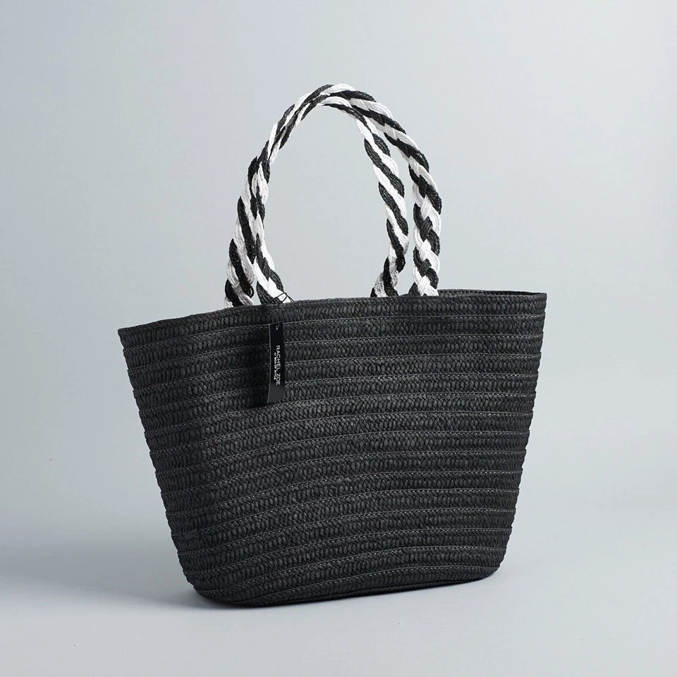 RACHEL ZOE ДЛЯ КОРОБКИ СТИЛЯ ЖЕНЩИН СОЛОМЕННАЯ ПЛЯЖНАЯ СУМКА С КОРОТКИМИ РУЧКАМИ СУМОЧКА ЧЕРНАЯ - Изображение 4 из 4