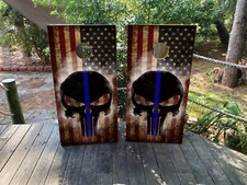 FADEPROOF Cornhole Board Wraps Laminated / Thin Blue Line Skull USA Flag /