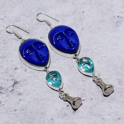 Boucles D'oreilles Argent 14k Avec Diamants Bruts Bleus 1.80 Ct - Naturels Traités - Style Drop
