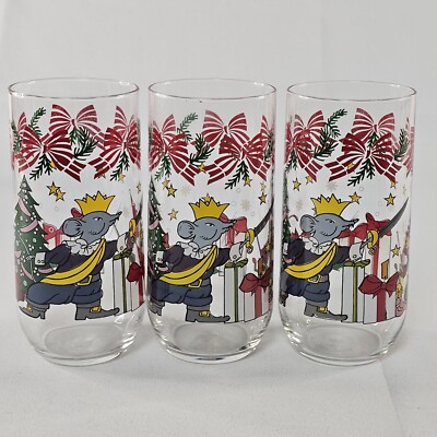 Set Of 3 Similar Vintage Nutcracker Themed Ballet Christmas Glass Cups 16 Oz