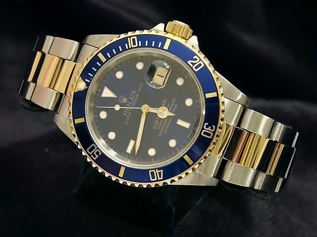Rolex — Rolex Submariner Date 18k Yellow Gold & Steel Watch Blue Dial Bezel Sub 16613