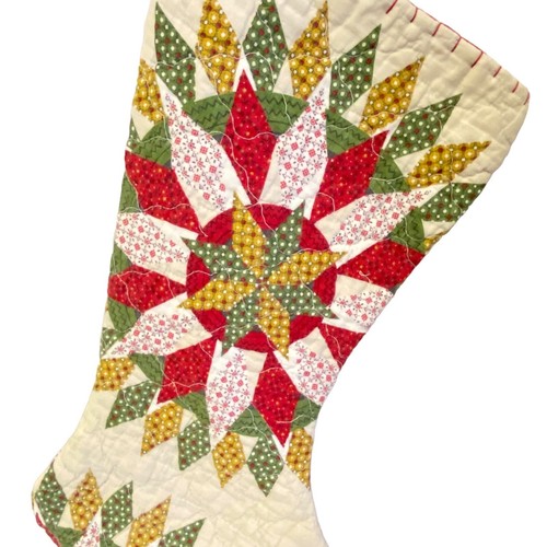 Handcrafted Quilted Christmas Stocking Star Flower Sun Cream Red Green Yellow - Picture 10 of 12