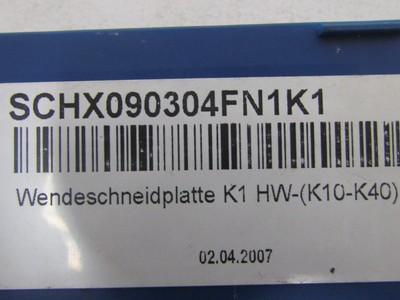 H.Bilz SCHX090304FN1K1 K1 HW-K10-K40 Carbide Insert Box of 7