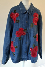 Ladies Denim Jacket Size 12-14 Roses  Embroidered Floral