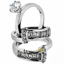 Women's Round Cut Silver Stainless Steel AAA CZ Wedding Ring Band Set Size 5-10