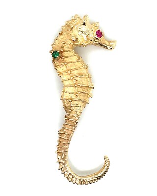 14K Yellow Gold Seahorse Pin with Ruby and Emerald