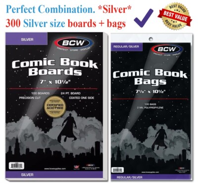 300 BCW Silver Era Comic Book Bags Sleeves + Acid Free Back Boards 7 x 10 1/2''
