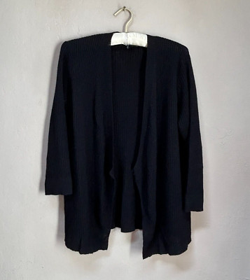 Eileen Fisher Womens Black Wool Ribbed Knit Open Front Cardigan Sweater Size PM