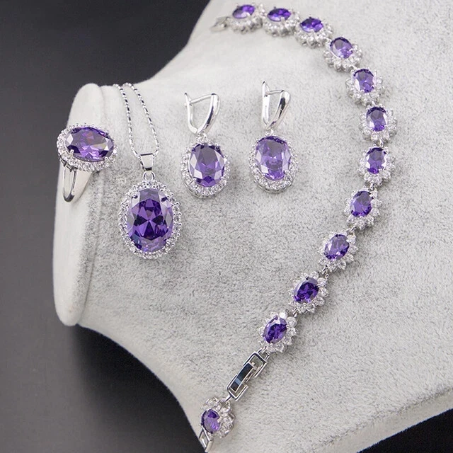 Lab Created Amethyst 4 pcs Women Jewelry Set 14k White Gold Plated Oval Cut - Image 2 of 4