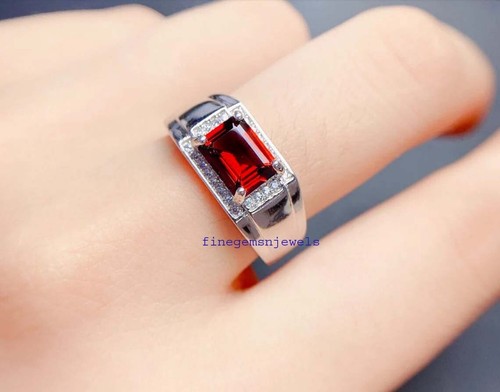 Natural Garnet & CZ Gemstones with 925 Sterling Silver Ring For Men's #9930 - Picture 3 of 4