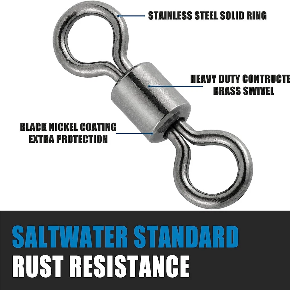 50~200Pack Fishing Barrel Swivels 9LB~1320LB Stainless Steel Rolling Solid Ring - Image 3 of 4