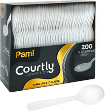Heavy Weight Disposable Plastic Soup Spoons 200-Pack - Bulk King Size Deluxe W