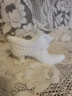VTG Fenton Milk Glass Hobnail High Heel Shoe Slipper w/ Whimsical Cat Head  5.5"