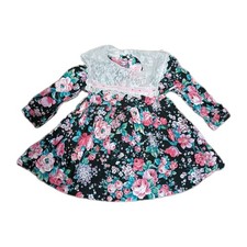 Vtg Miss Quality Black Floral Puff Shoulder Lace Collared Dress Size 3T Toddlers