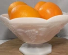 Vintage Milk Glass Pedestal Compote Bowl Grape Pattern Hex Base
