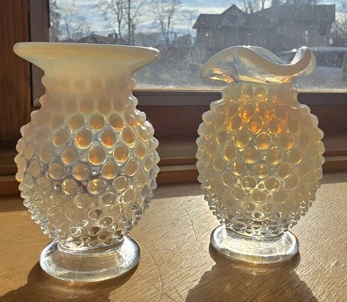 Vintage Fenton Moonstone Opalescent Hobnail Small Bud Vases 3.5"