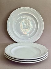 Set of 4 Antique White Ironstone Dinner Plates 'Leaf & Crossed Ribbon' Pattern