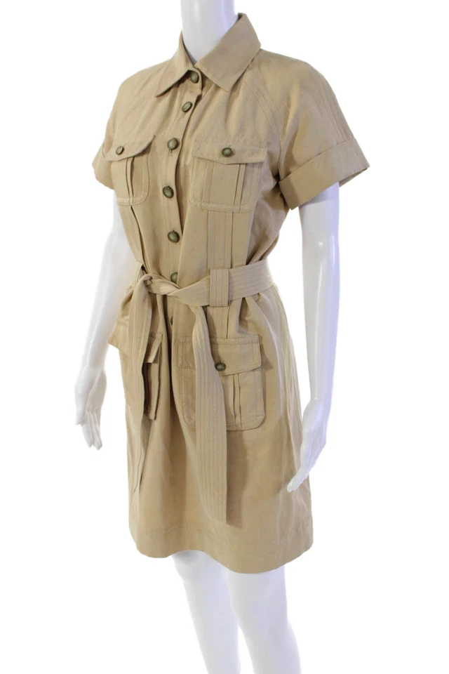 Diane Von Furstenberg Womens Cotton Buttoned Waist Tied Dress Beige Size 6 - Image 2 of 4
