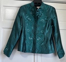 Chicos Size 0 Satin Teal Green Sequins Jacket Blazer Button Ribbon Detail Lined