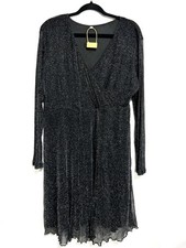Women Black Silver Metallic Glitter Faux Wrap Dress XL Long Sleeve Stretchy NWOT