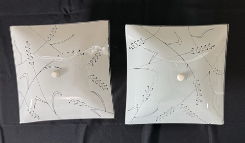 2 Vintage MCM 12" Square Ceiling Light Fixtures -Frosted Shades w/Wheat Pattern - Picture 3 of 10